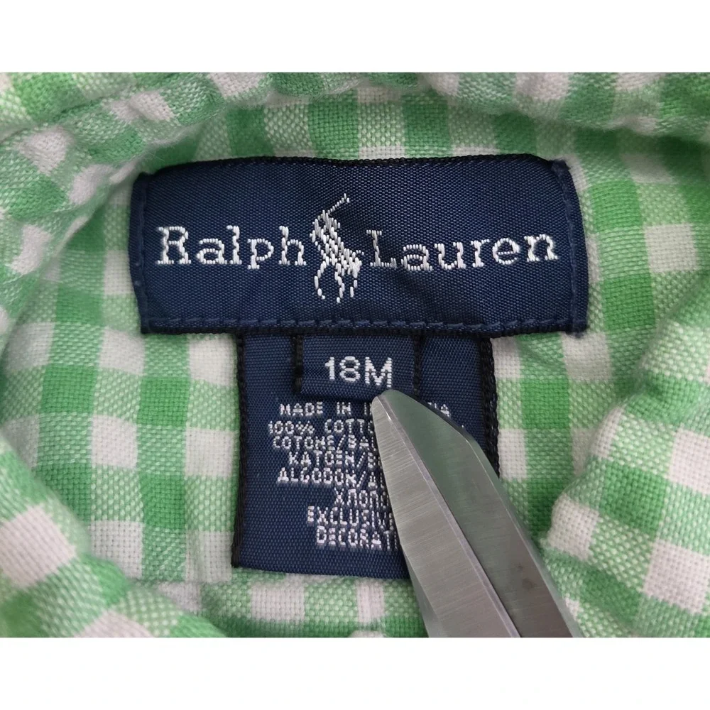 Boys Ralph Lauren Size 18 Months Green Gingham Button-Up Shirt Orange Pony Logo